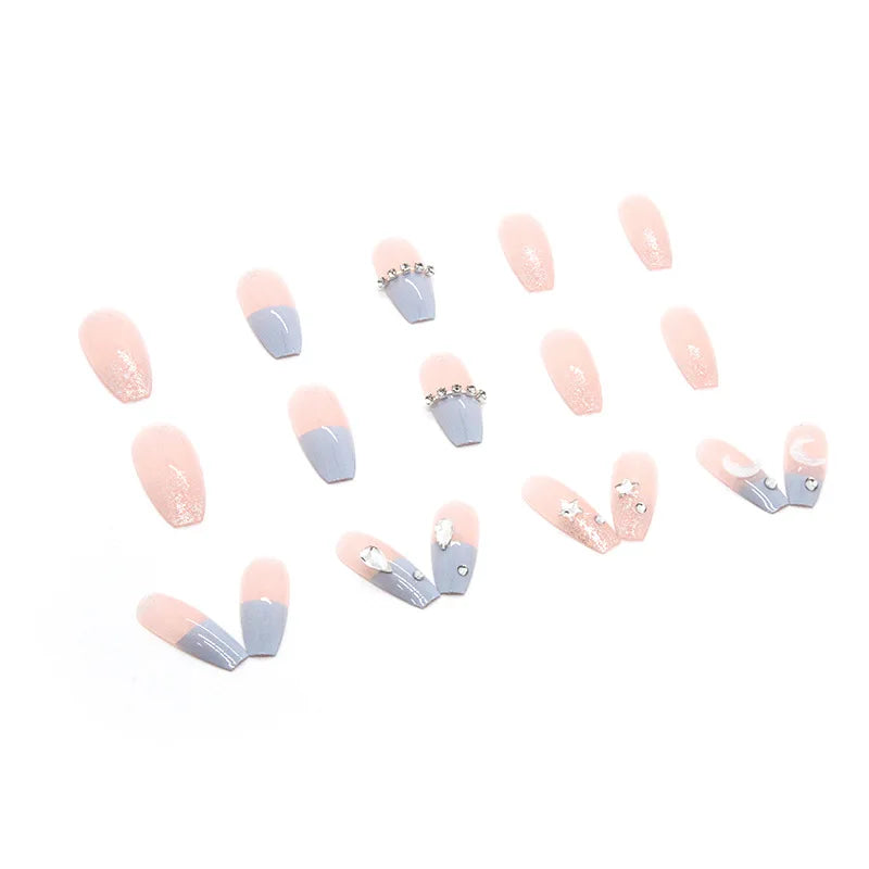 24P/Box Sea Salt Macaron Color Clear Transparent with Drill Press on Nails Long Coffin Fake Nail Stars Moon Removable False Nail