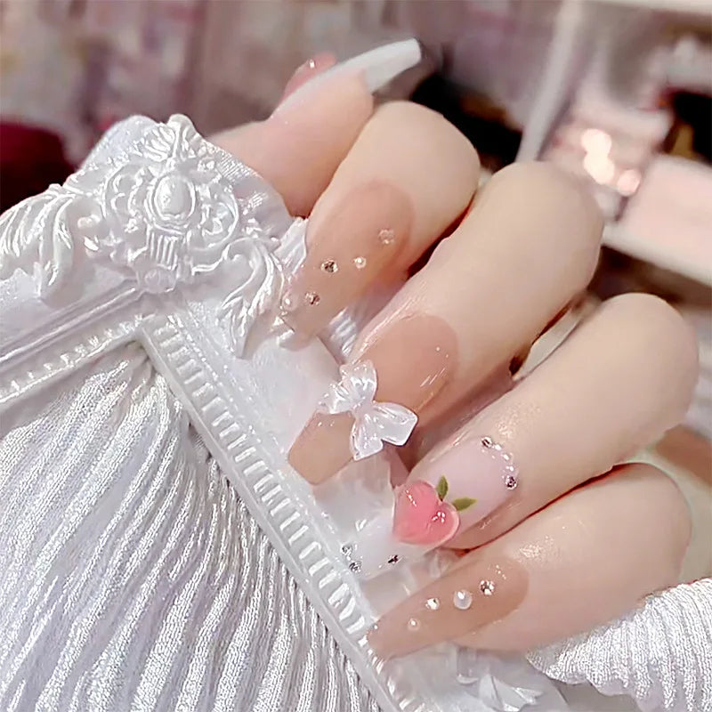 24P/Box Sea Salt Macaron Color Clear Transparent with Drill Press on Nails Long Coffin Fake Nail Stars Moon Removable False Nail