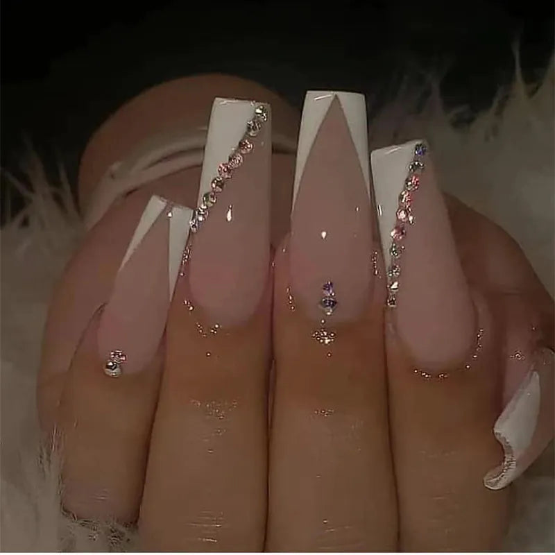 24Pcs Long Ballet French Girls Nail Art White Fake Nails Manicure Press On Nails False With Designs Artificial Wearing Reusable
