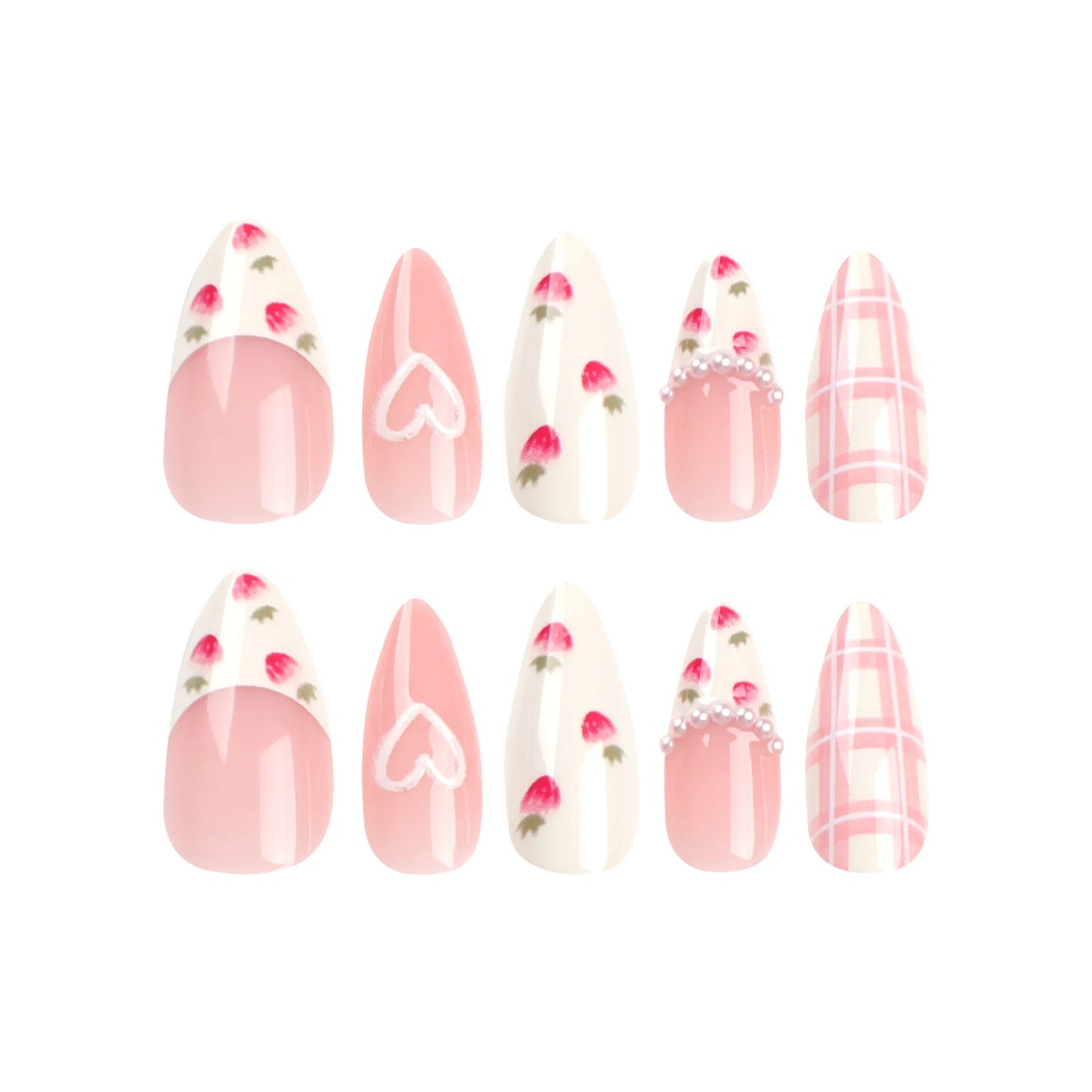 Strawberry Press on Nails French Pearl Design Almond