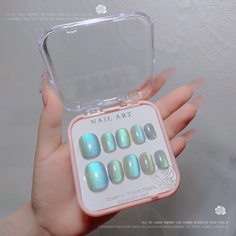 24pcs/box Crystal Cat Eye Shining Diamond Nail Press on Acrylic Nails