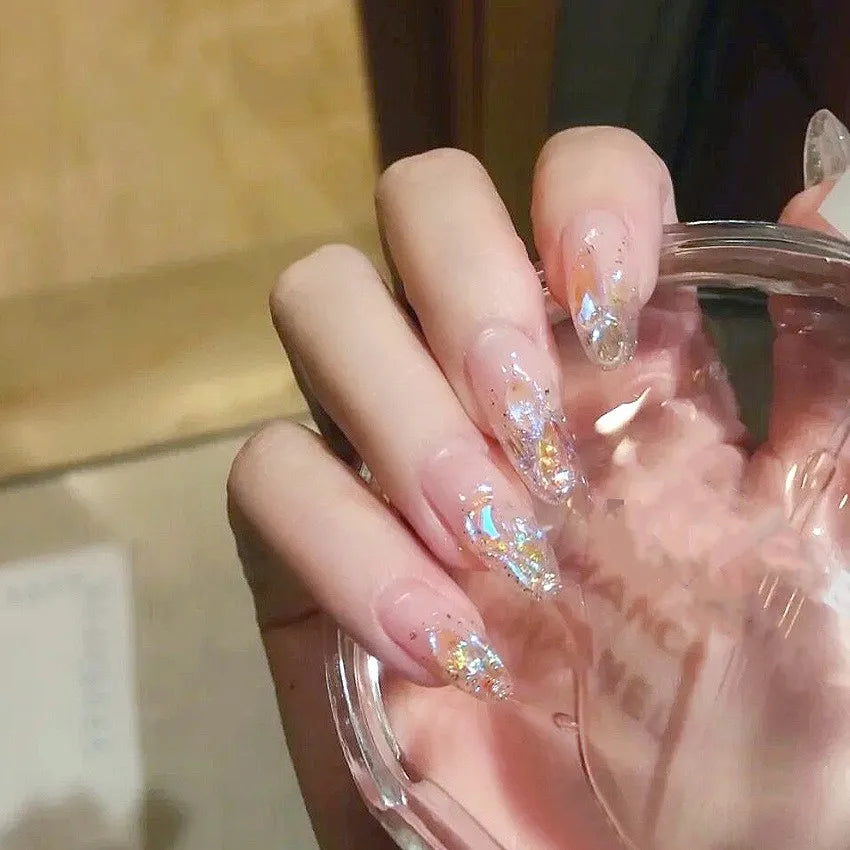 24P/Box Sea Salt Macaron Color Clear Transparent with Drill Press on Nails Long Coffin Fake Nail Stars Moon Removable False Nail