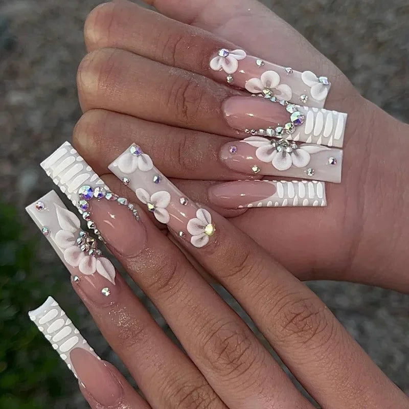 24Pcs Long Coffin Nails Rhinestones Ballet Press on Nails Full Cover Nail Tips w/ Glue