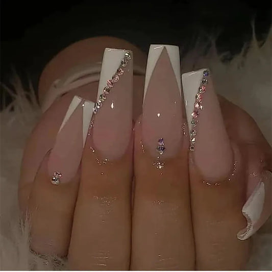 24Pcs Long Ballet French Girls Nail Art White Fake Nails Manicure Press On Nails False With Designs Artificial Wearing Reusable