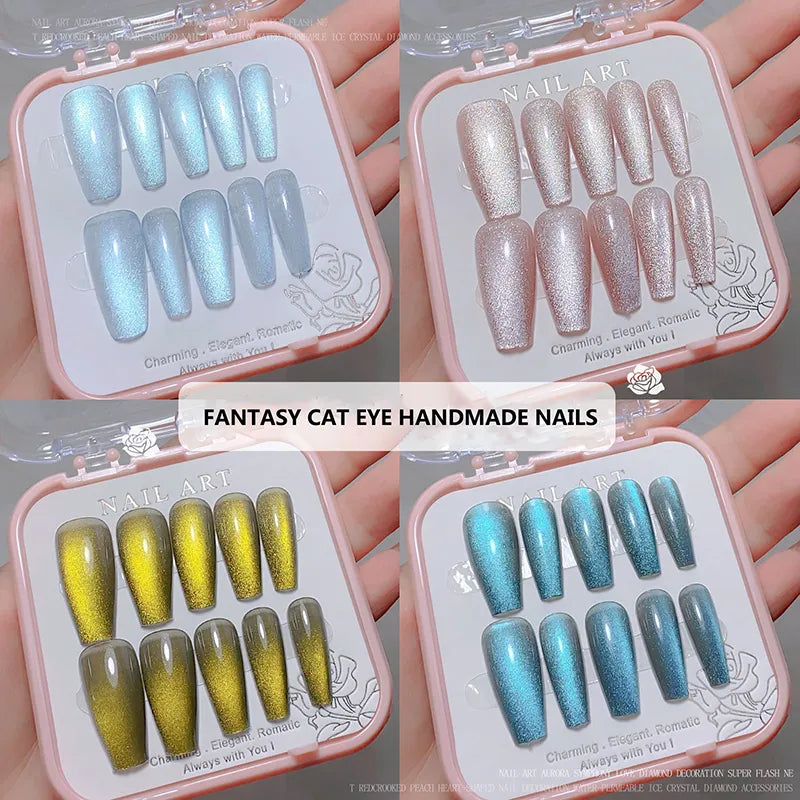 24pcs/box Crystal Cat Eye Shining Diamond Nail Press on Acrylic Nails