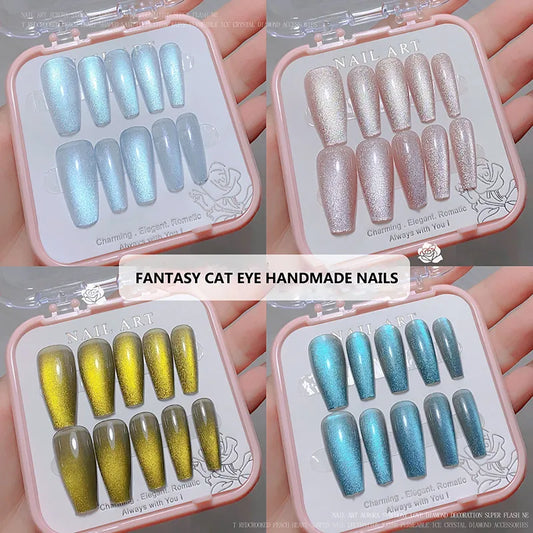 24pcs/box Crystal Cat Eye Shining Diamond Nail Press on Acrylic Nails