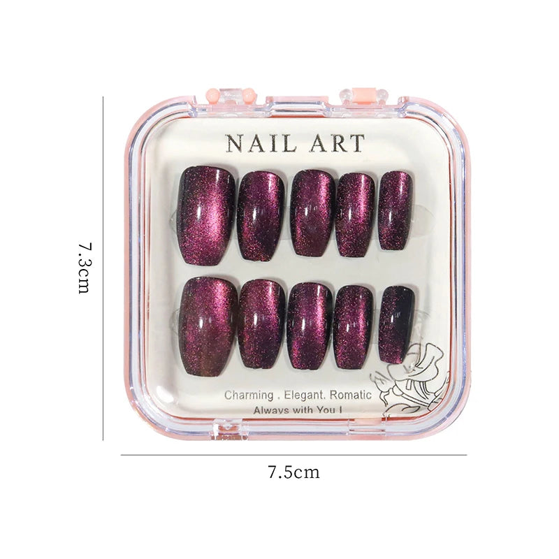 24pcs/box Crystal Cat Eye Shining Diamond Nail Press on Acrylic Nails