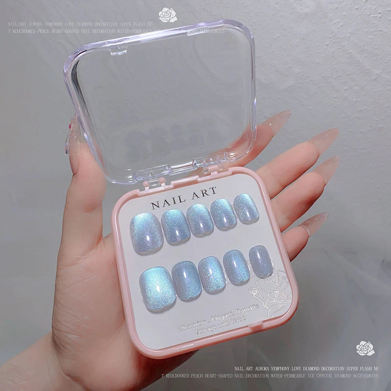 24pcs/box Crystal Cat Eye Shining Diamond Nail Press on Acrylic Nails