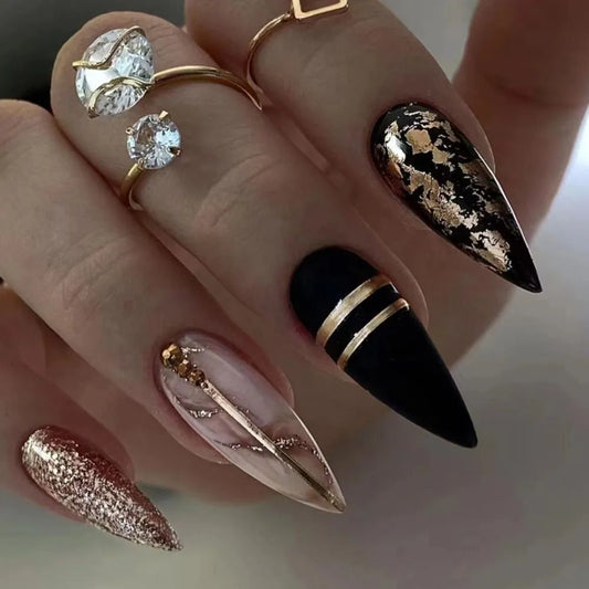 Cool Black and Gold False Nails Long Almond French Fake Nials Detachable Nail Tips Full Cover Press On Nails Diy Manicure Tool