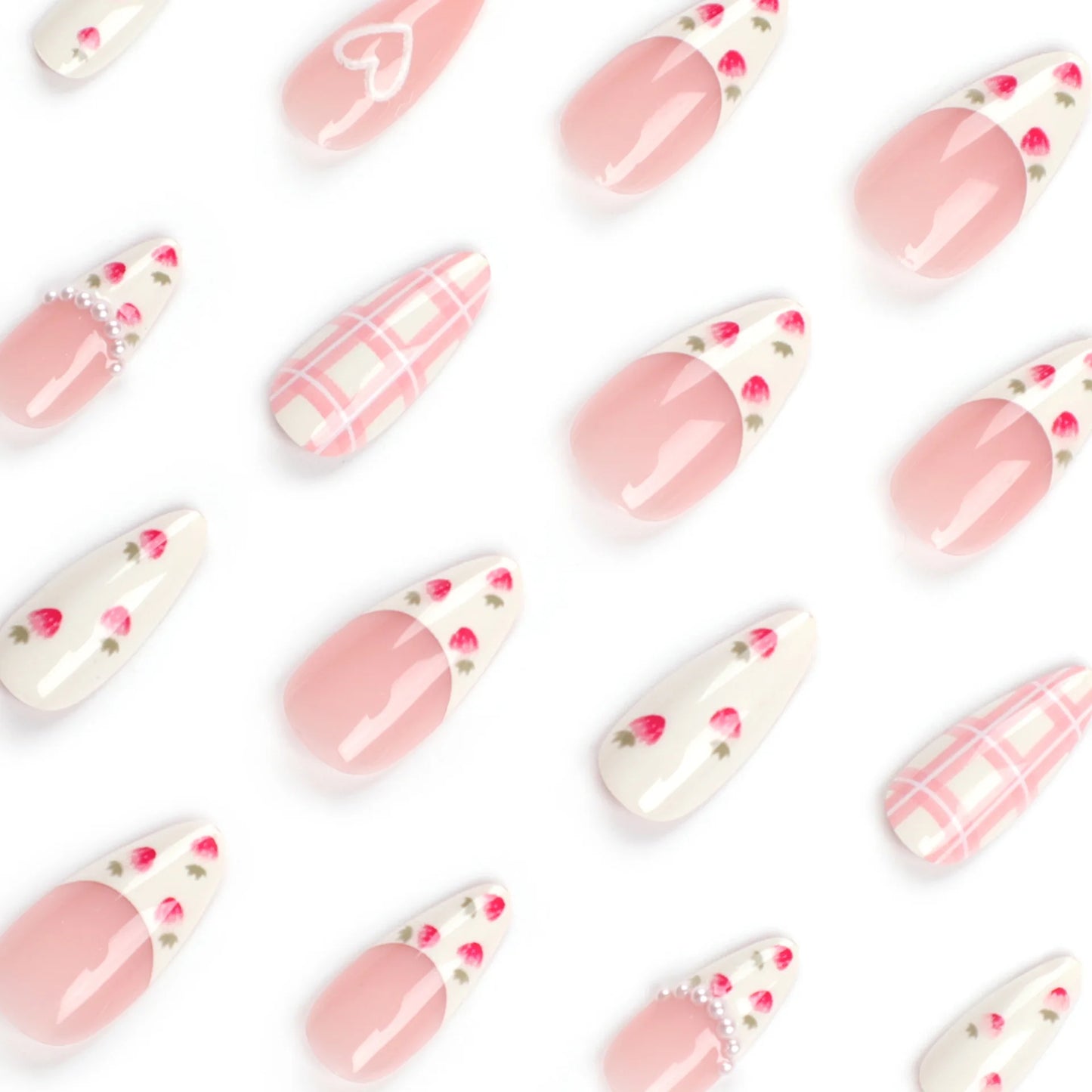Strawberry Press on Nails French Pearl Design Almond