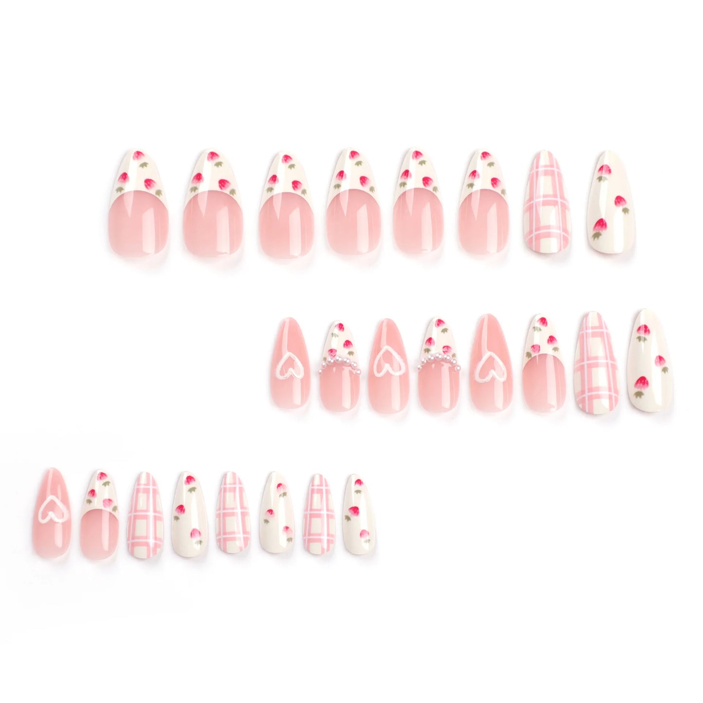Strawberry Press on Nails French Pearl Design Almond