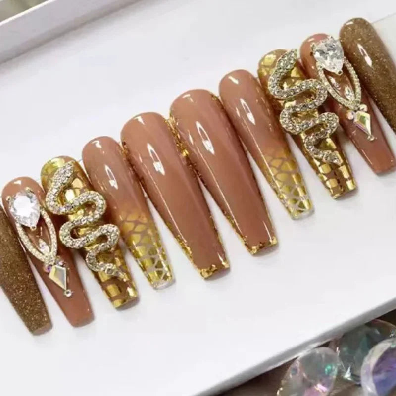 24Pcs Long Coffin Nails Rhinestones Ballet Press on Nails Full Cover Nail Tips w/ Glue