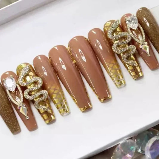 24Pcs Long Coffin Nails Rhinestones Ballet Press on Nails Full Cover Nail Tips w/ Glue