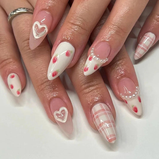 Strawberry Press on Nails French Pearl Design Almond