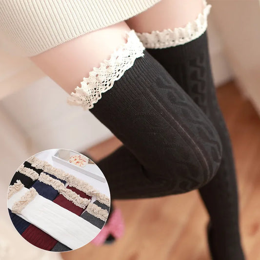 Sexy Lace Up Long Knee Socks Women Over Knee Thigh High Stockings Fashion Ladies Girls Warm Sexy Blend Tights Black White