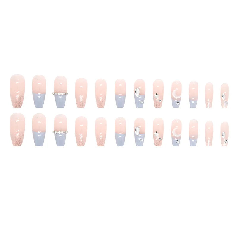 24P/Box Sea Salt Macaron Color Clear Transparent with Drill Press on Nails Long Coffin Fake Nail Stars Moon Removable False Nail