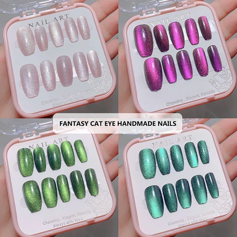 24pcs/box Crystal Cat Eye Shining Diamond Nail Press on Acrylic Nails